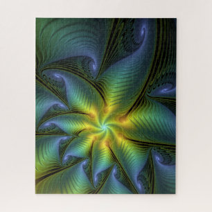 Abstract Star, Shiny Blue Green Golden Fractal Art Jigsaw Puzzle