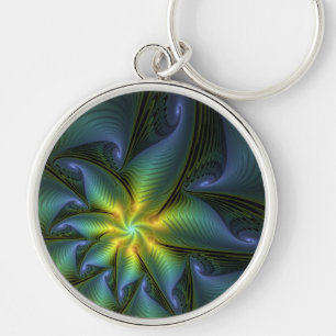 Abstract Star, Shiny Blue Green Golden Fractal Art Key Ring