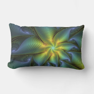Abstract Star, Shiny Blue Green Golden Fractal Art Lumbar Cushion
