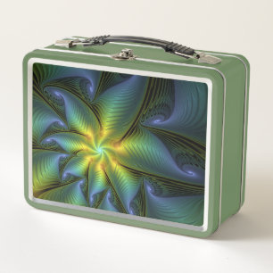 Abstract Star, Shiny Blue Green Golden Fractal Art Metal Lunch Box