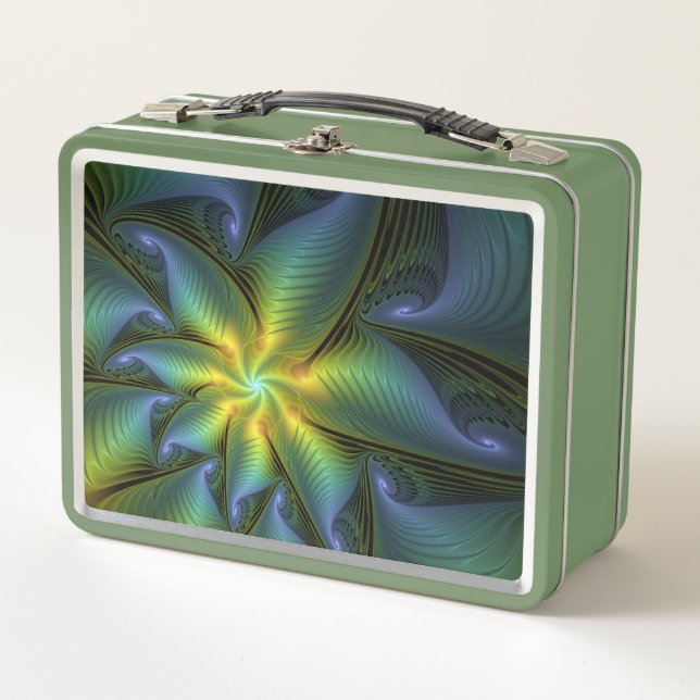 Abstract Star, Shiny Blue Green Golden Fractal Art Metal Lunch Box (Front)