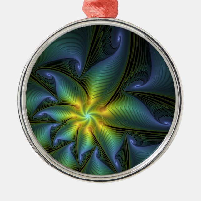 Abstract Star, Shiny Blue Green Golden Fractal Art Metal Tree Decoration (Front)