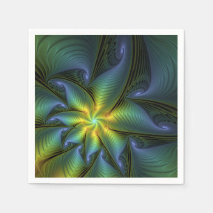 Abstract Star, Shiny Blue Green Golden Fractal Art Napkin