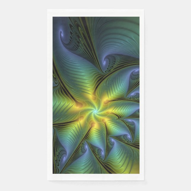 Abstract Star, Shiny Blue Green Golden Fractal Art Napkin (Front)