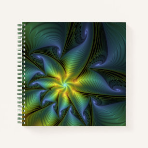 Abstract Star, Shiny Blue Green Golden Fractal Art Notebook