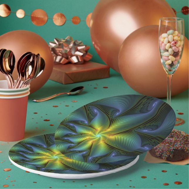 Abstract Star, Shiny Blue Green Golden Fractal Art Paper Plate (Multi)