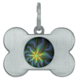 Abstract Star, Shiny Blue Green Golden Fractal Art Pet ID Tag