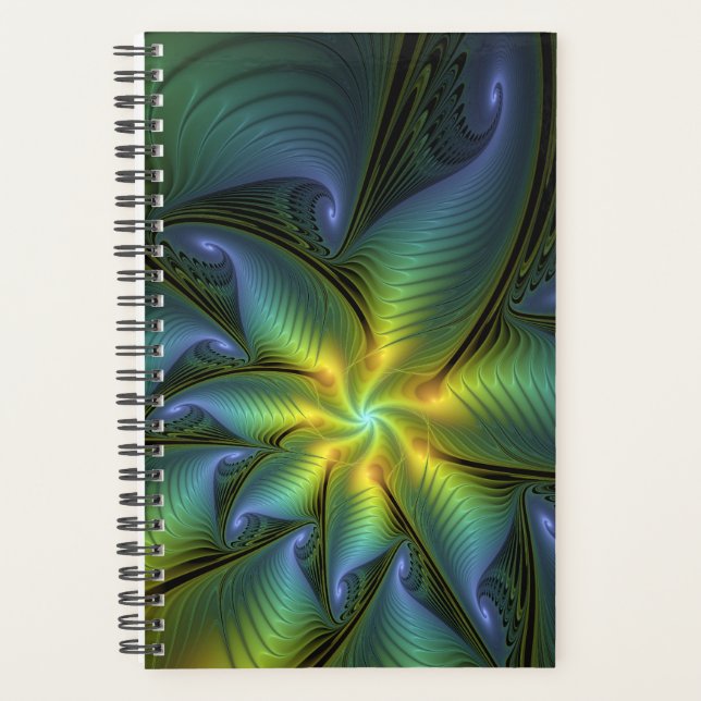 Abstract Star, Shiny Blue Green Golden Fractal Art Planner (Front)