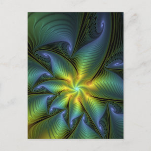 Abstract Star, Shiny Blue Green Golden Fractal Art Postcard