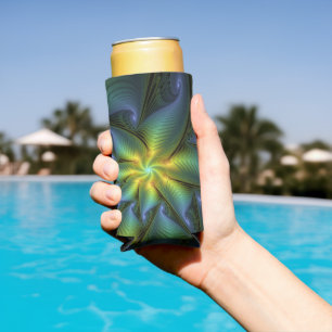 Abstract Star, Shiny Blue Green Golden Fractal Art Seltzer Can Cooler