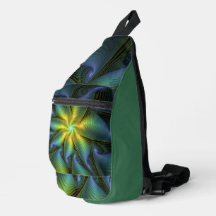 Abstract Star, Shiny Blue Green Golden Fractal Art Sling Bag
