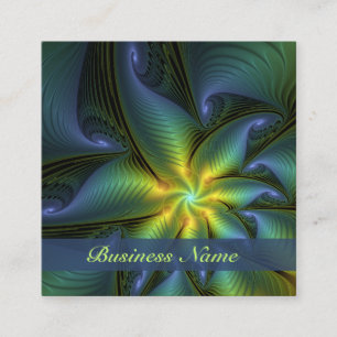 Abstract Star, Shiny Blue Green Golden Fractal Art Square Business Card