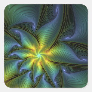 Abstract Star, Shiny Blue Green Golden Fractal Art Square Sticker