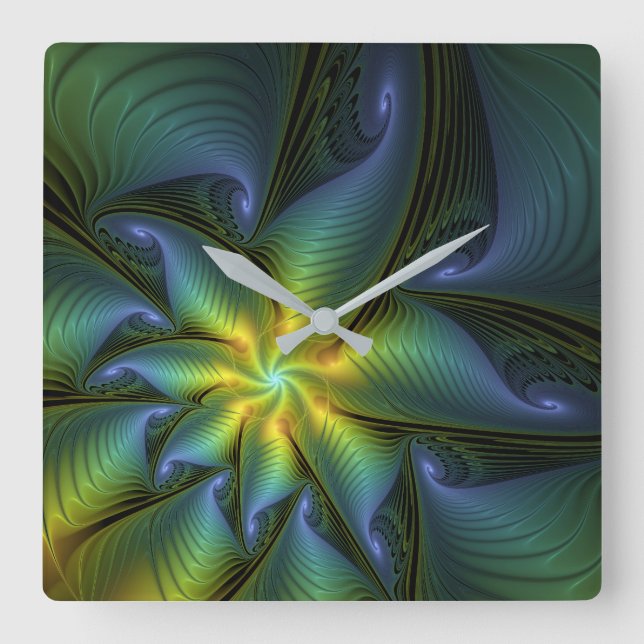 Abstract Star, Shiny Blue Green Golden Fractal Art Square Wall Clock (Front)
