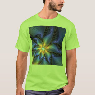 Abstract Star, Shiny Blue Green Golden Fractal Art T-Shirt