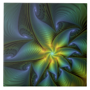 Abstract Star, Shiny Blue Green Golden Fractal Art Tile