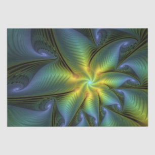 Abstract Star, Shiny Blue Green Golden Fractal Art Tissue Paper