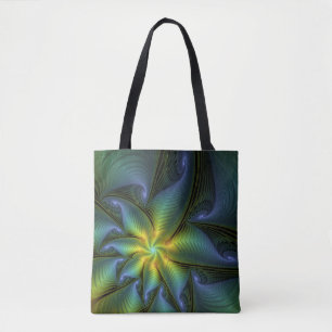 Abstract Star, Shiny Blue Green Golden Fractal Art Tote Bag