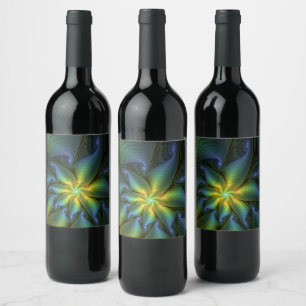 Abstract Star, Shiny Blue Green Golden Fractal Art Wine Label