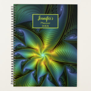Abstract Star Shiny Blue Green Golden Fractal Name Planner