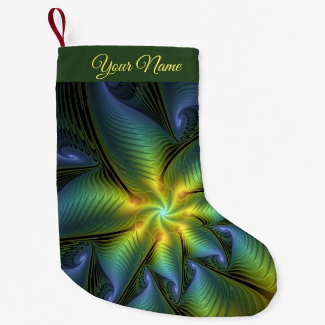 Abstract Star Shiny Blue Green Golden Fractal Name Small Christmas Stocking (Front)