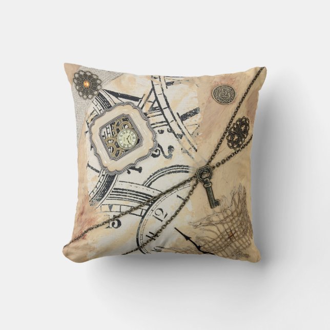 Abstract Steampunk Clock & Key Beige Throw Pillow (Front)