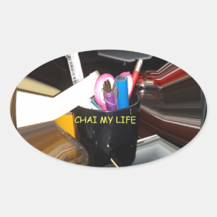 Abstract Still Life Tea Mug Office Stationary Art  Oval Sticker