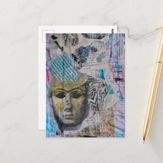 Abstract Stone Face Mixed Media Collage Postcard (Front/Back In Situ)