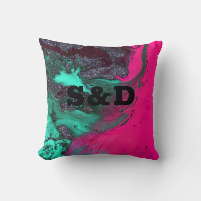Abstract stone marble textured dark contrast pink cushion (Front)