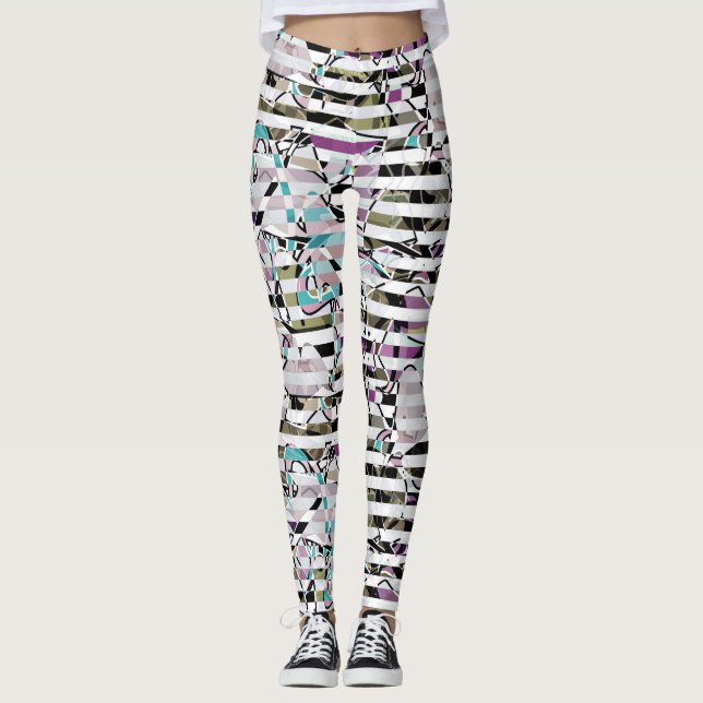 Abstract striped pattern stripes beige turquoise p leggings (Front)