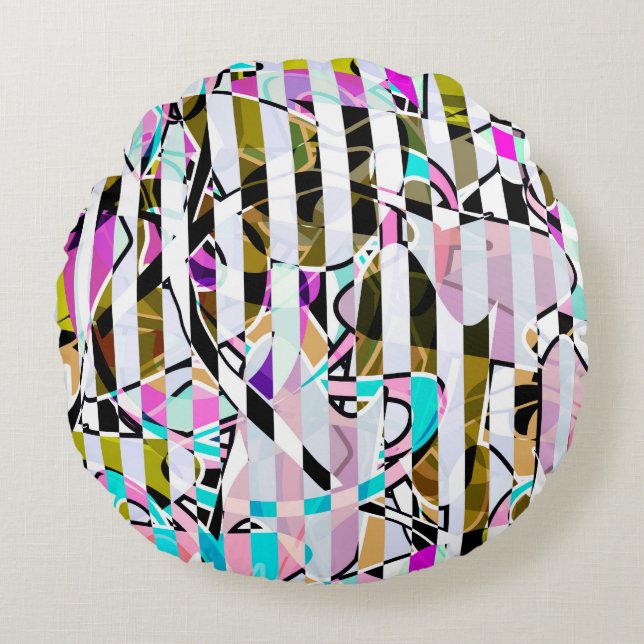 Abstract striped pattern stripes beige turquoise p round cushion (Front)