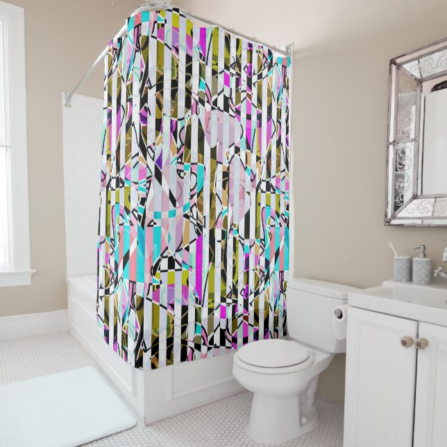 Abstract striped pattern stripes beige turquoise p shower curtain (In Situ)