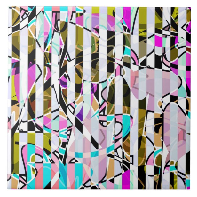 Abstract striped pattern stripes beige turquoise p tile (Front)