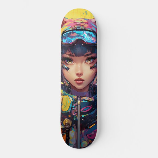 Abstract style anime art of a cat girl in cyberpun skateboard (Front)