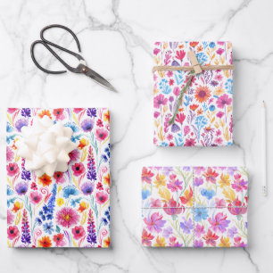 Abstract Style Flowers Three Similar Patterns Wrapping Paper Sheet