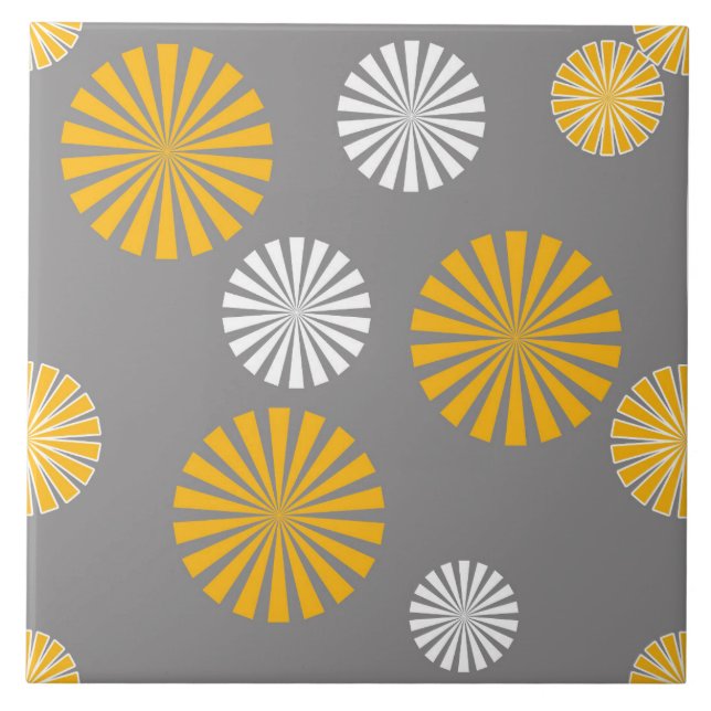 Abstract, stylised dandelions, grey, yellow, white tile (Front)