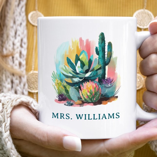 Abstract Succulents Personalised Name Monogram Coffee Mug (Creator Uploaded)