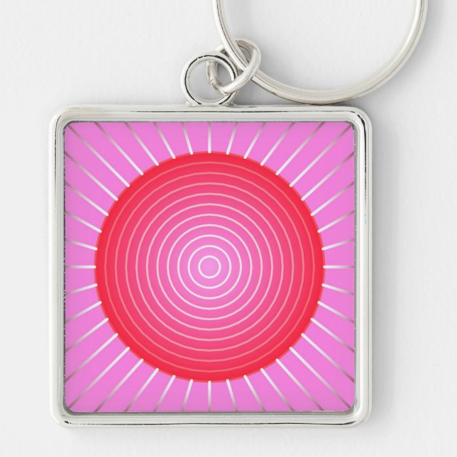 Abstract sunburst in coral, pink and silver key ring (Front)