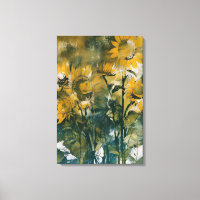 Abstract sunflower art, rich teals, yellows