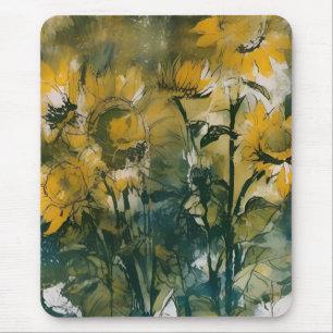 Abstract sunflower art, rich teals, yellows mouse pad