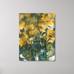 Abstract sunflowers fine art, teals, gold  canvas print