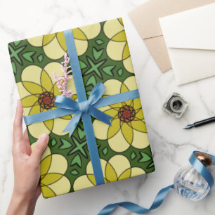 Abstract, sunny yellow daisies, and green leaves wrapping paper