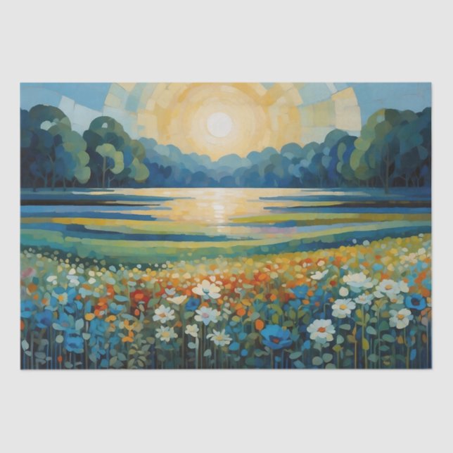 Abstract Sunrise Wildflowers In Blue, White, Red Tissue Paper (Front)