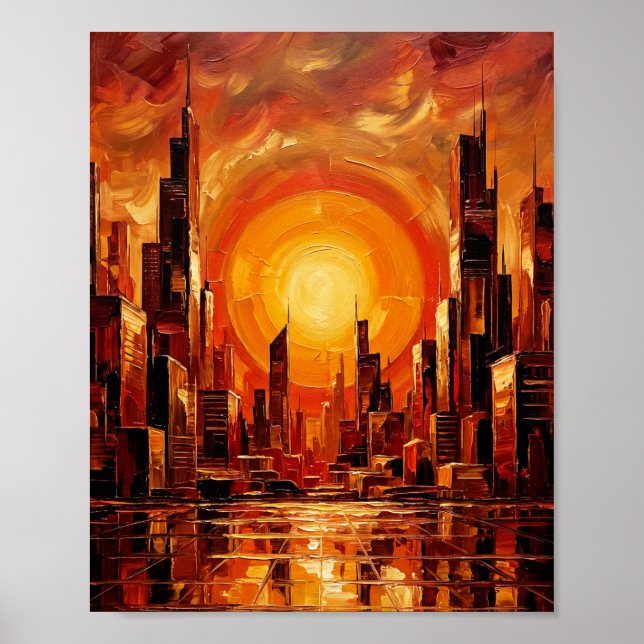 Abstract Sunset City Skyline Palette Knife  Poster (Front)