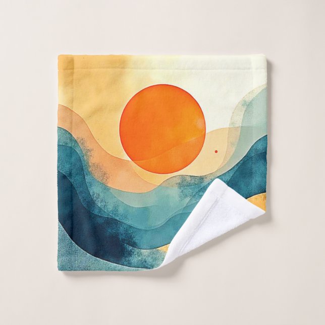 Abstract Sunset Waves Art Bath Towel Set (Wash Cloth)