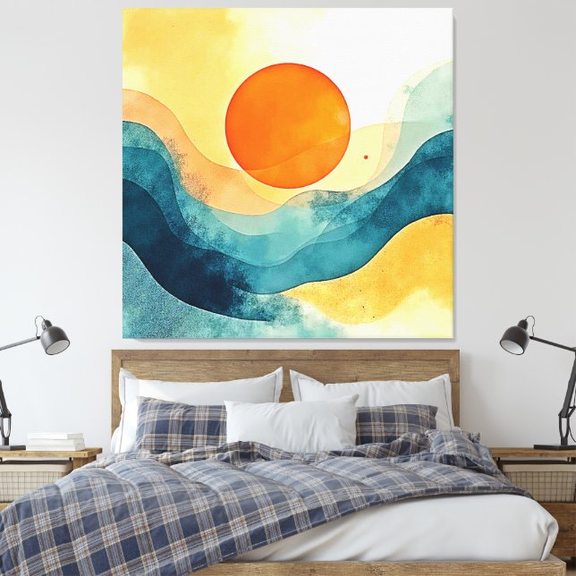 Abstract Sunset Waves Art Canvas Print (Insitu(Bedroom))