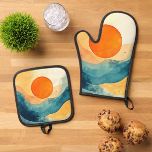 Abstract Sunset Waves Art Oven Mitt & Pot Holder Set