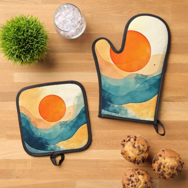 Abstract Sunset Waves Art Oven Mitt & Pot Holder Set (Top Down)