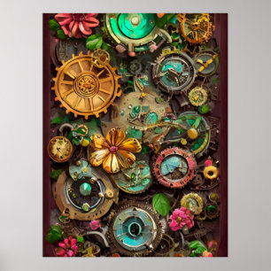 Abstract Surreal Gears Flowers Steampunk Art    Poster