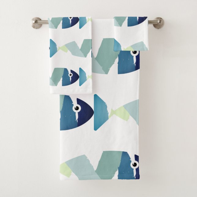 Abstract Swimming Blue Fish Bath Towel Set (Insitu)